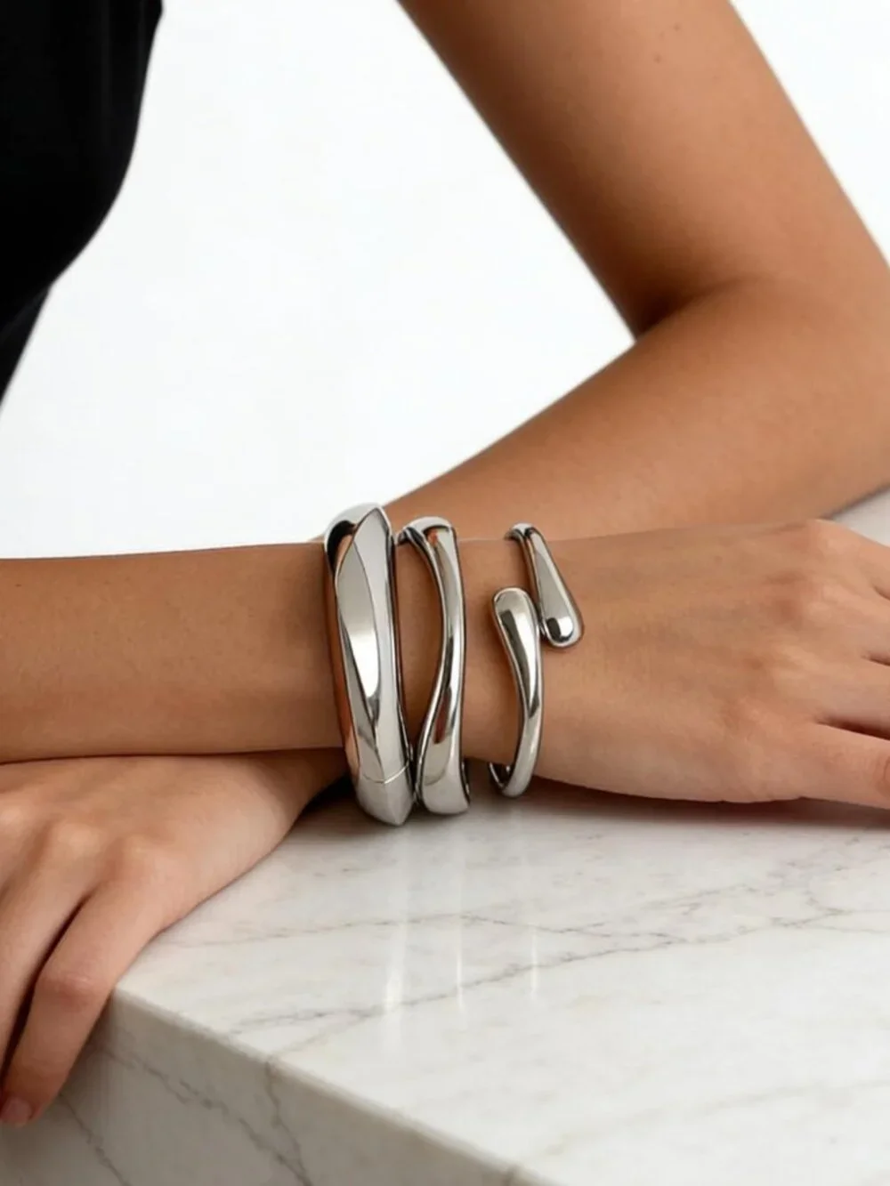 Trendy Chunky Gold Bangle Bracelets Set, Stackable 14k Gold Plated Cuffs